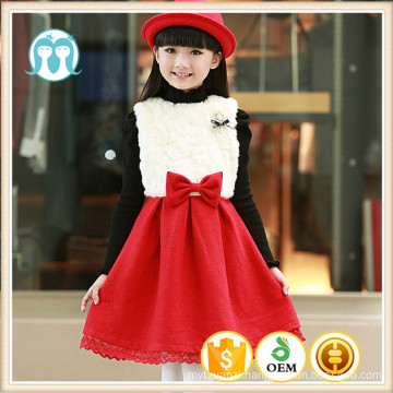 winter kids christmas party lace trim pinafore red bow new year appliqued dress winter hot sale fur clothes children